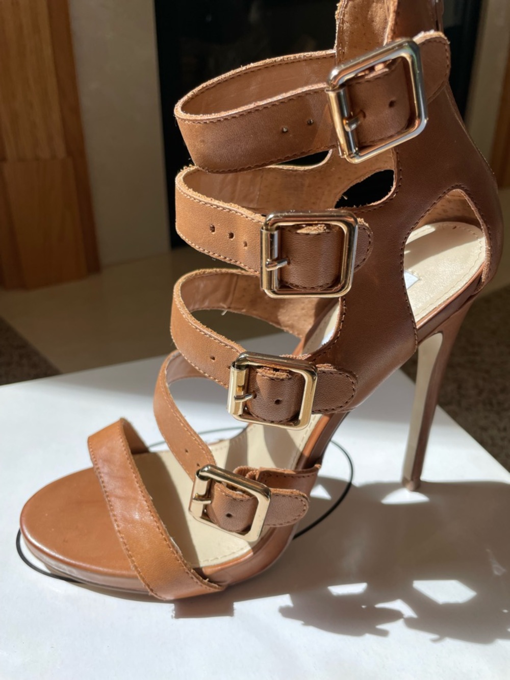 Steve Madden Tan Strappy Buckle Stiletto Sandals